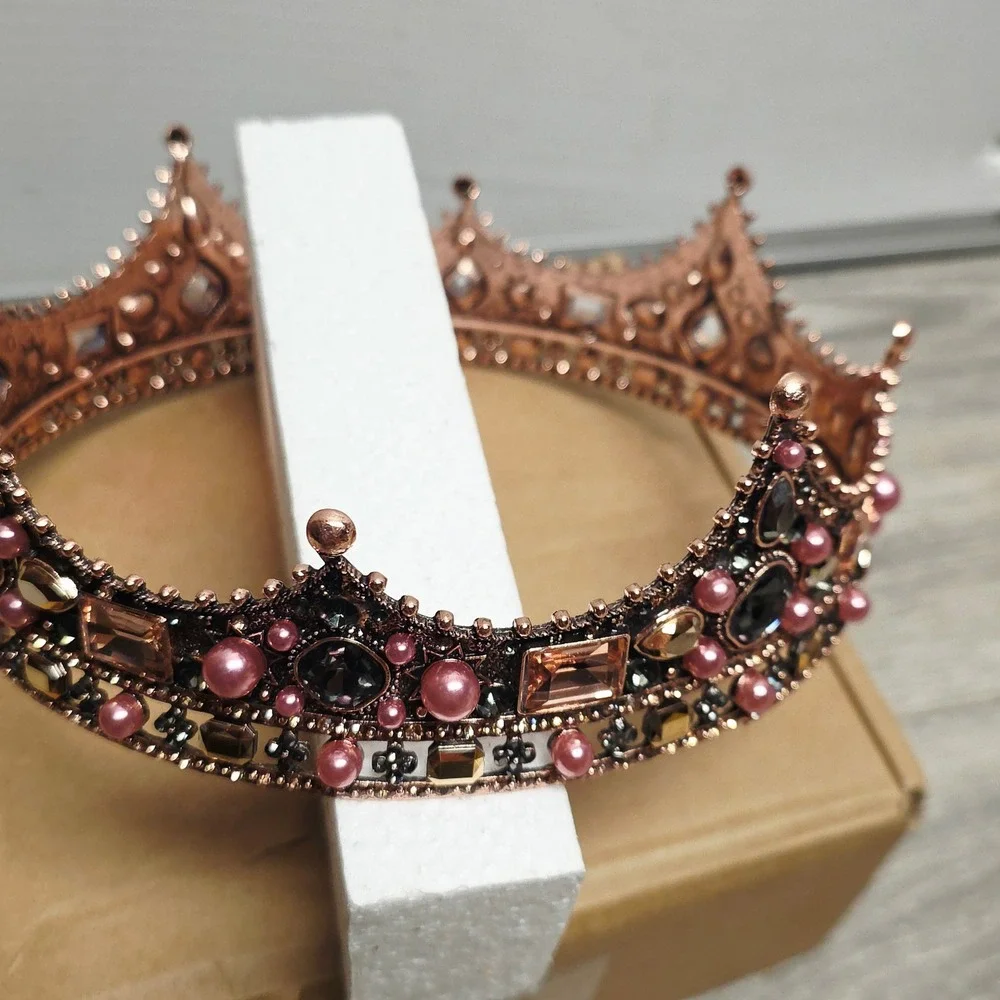 Rose Gold Pink Pearl Crystal Full Round Crown Tiara Royal Pageant  Headpiece